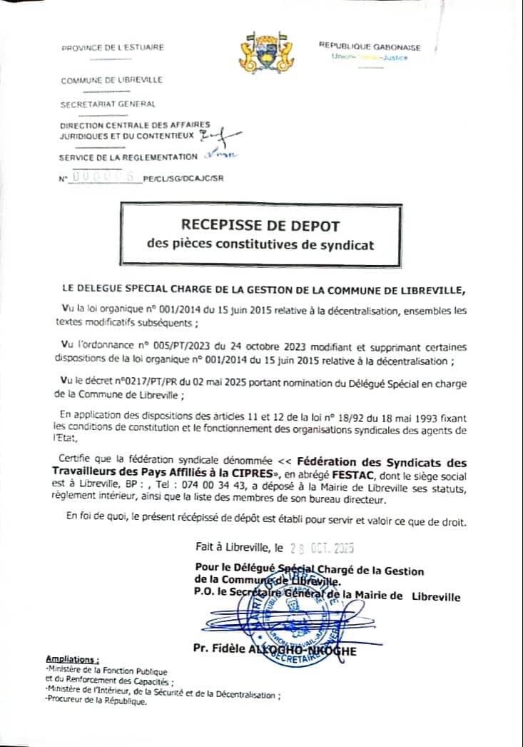 Récépissé de dépôt de la FESTAC - République Gabonaise